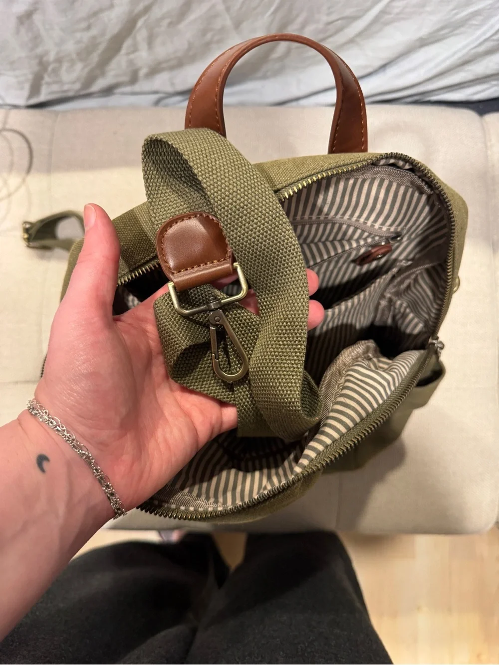 Olive Canvas Backpack with Leather Trim